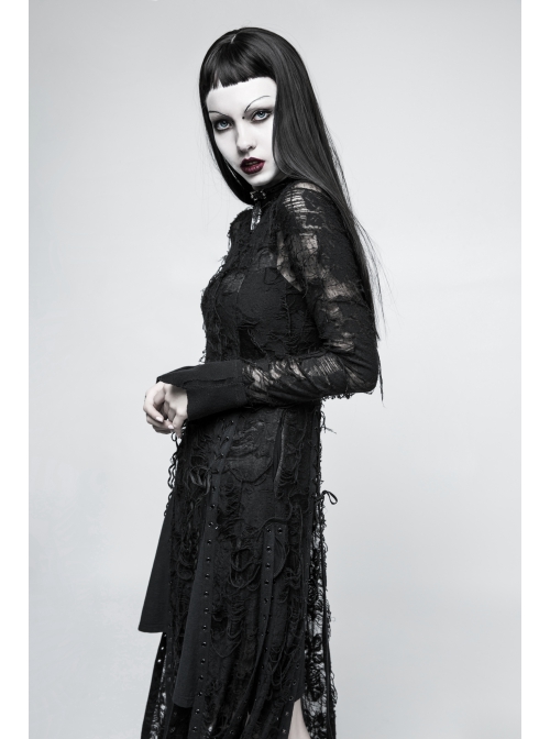 Gothic Retro Rose Pattern Printing Decoration Black Lace Rope Dress - Magic  Wardrobes