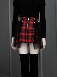 Punk  Metal Decoration Lattice Mesh Folds Matching Belt Black And Red Half Skirt