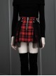 Punk  Metal Decoration Lattice Mesh Folds Matching Belt Black And Red Half Skirt