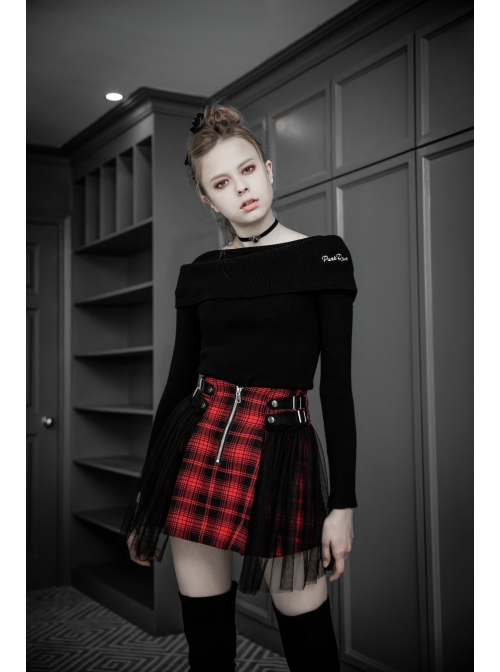 Punk  Metal Decoration Lattice Mesh Folds Matching Belt Black And Red Half Skirt