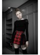 Punk  Metal Decoration Lattice Mesh Folds Matching Belt Black And Red Half Skirt