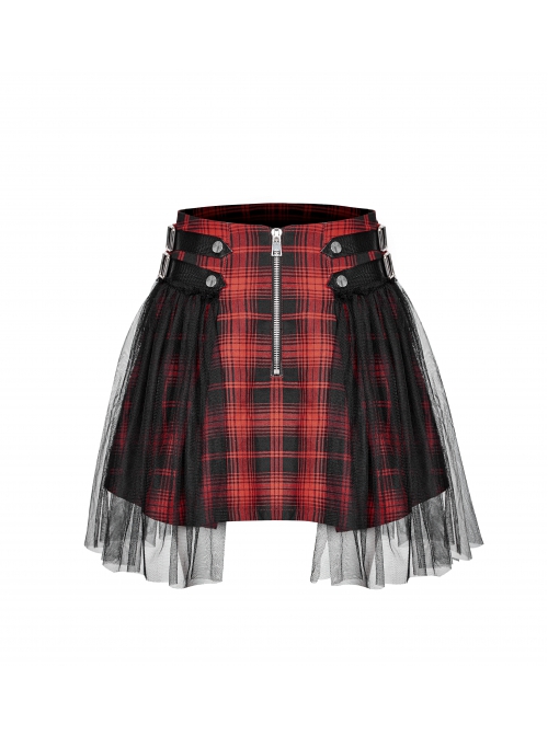 Punk  Metal Decoration Lattice Mesh Folds Matching Belt Black And Red Half Skirt