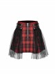 Punk  Metal Decoration Lattice Mesh Folds Matching Belt Black And Red Half Skirt
