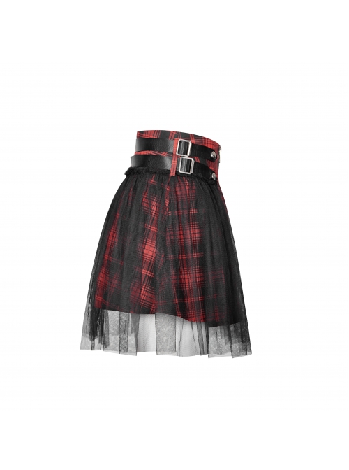 Punk  Metal Decoration Lattice Mesh Folds Matching Belt Black And Red Half Skirt