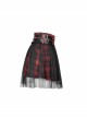 Punk  Metal Decoration Lattice Mesh Folds Matching Belt Black And Red Half Skirt