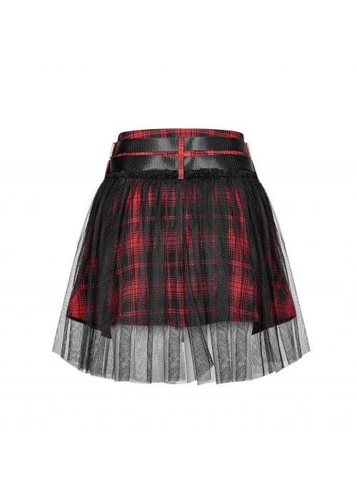 Punk  Metal Decoration Lattice Mesh Folds Matching Belt Black And Red Half Skirt