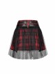 Punk  Metal Decoration Lattice Mesh Folds Matching Belt Black And Red Half Skirt