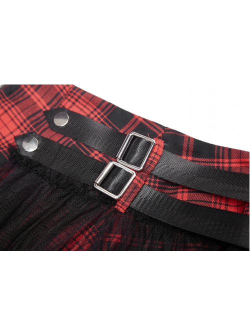 Punk  Metal Decoration Lattice Mesh Folds Matching Belt Black And Red Half Skirt