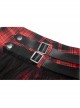 Punk  Metal Decoration Lattice Mesh Folds Matching Belt Black And Red Half Skirt