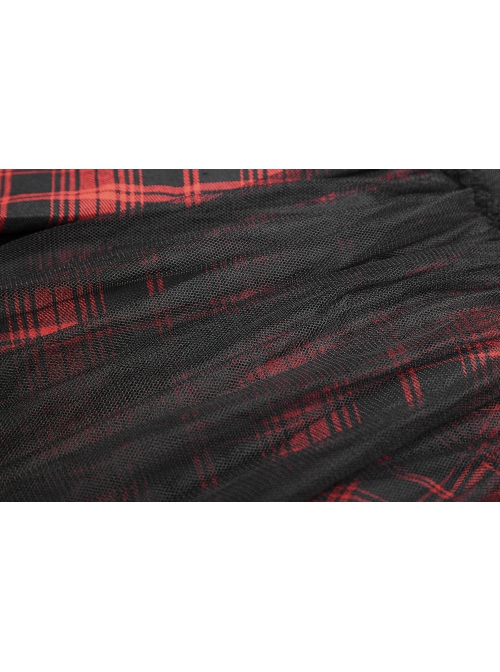 Punk  Metal Decoration Lattice Mesh Folds Matching Belt Black And Red Half Skirt