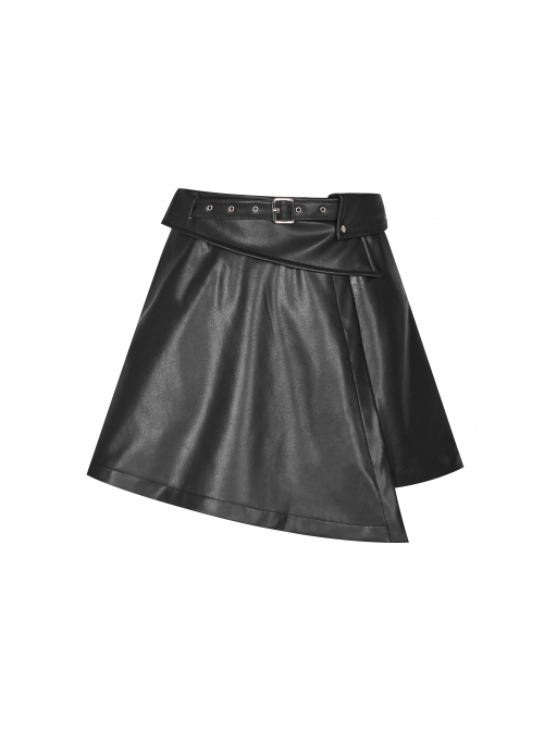 Punk Fake Waistband Decoration A-Shaped Pendulum Leather Black Irregular Half Short Skirt