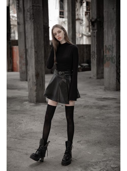 Punk Fake Waistband Decoration A-Shaped Pendulum Leather Black Irregular Half Short Skirt