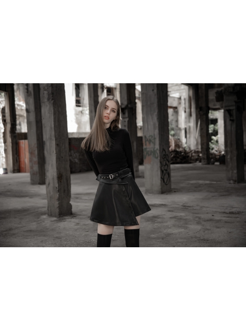 Punk Fake Waistband Decoration A-Shaped Pendulum Leather Black Irregular Half Short Skirt