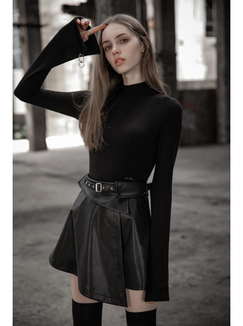 Punk Fake Waistband Decoration A-Shaped Pendulum Leather Black Irregular Half Short Skirt
