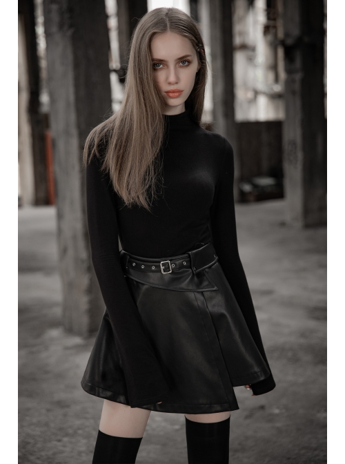 Punk Fake Waistband Decoration A-Shaped Pendulum Leather Black Irregular Half Short Skirt