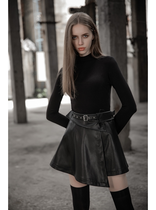 Punk Fake Waistband Decoration A-Shaped Pendulum Leather Black Irregular Half Short Skirt
