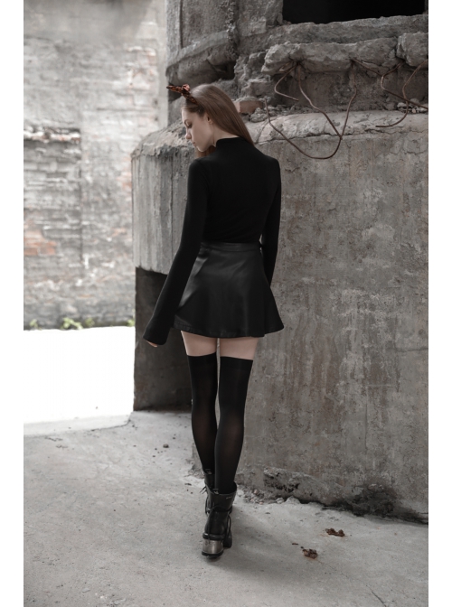 Punk Fake Waistband Decoration A-Shaped Pendulum Leather Black Irregular Half Short Skirt
