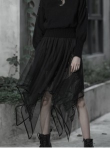 Black Gothic Embroidery Pattern Decoration Chiffon Lace Asymmetrical Hemline Long Skirt