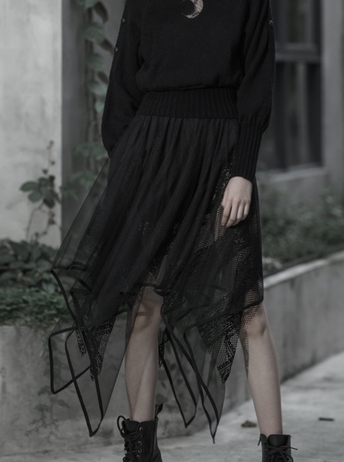 Black Gothic Embroidery Pattern Decoration Chiffon Lace Asymmetrical Hemline Long Skirt