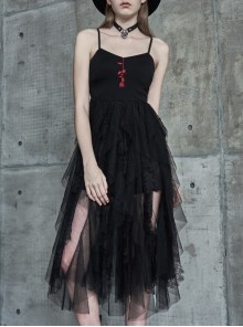 Punk Black Bramble Roses Embroidered Decoration Fluffy Pleated Lace Braces Dress