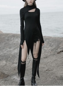 Punk Asymmetrical Diagonal Cut Design Hollow On The Chest Dark Knitted Slim Dress