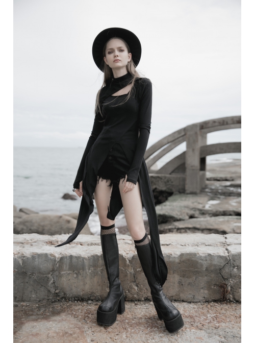 Punk Asymmetrical Diagonal Cut Design Hollow On The Chest Dark Knitted Slim Dress