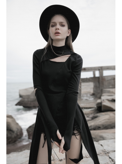 Punk Asymmetrical Diagonal Cut Design Hollow On The Chest Dark Knitted Slim Dress