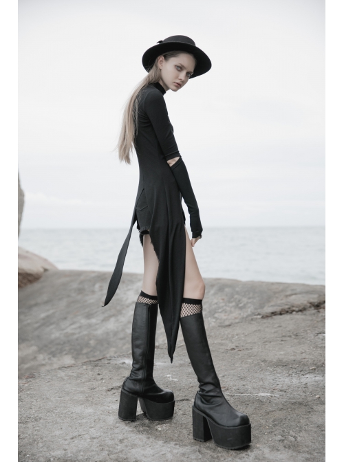 Punk Asymmetrical Diagonal Cut Design Hollow On The Chest Dark Knitted Slim Dress