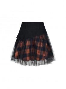 Punk Lace Mesh Stitching Plaid Metal Buckle Decoration High Waist Black And Red Short Skirt
