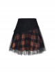 Punk Lace Mesh Stitching Plaid Metal Buckle Decoration High Waist Black And Red Short Skirt