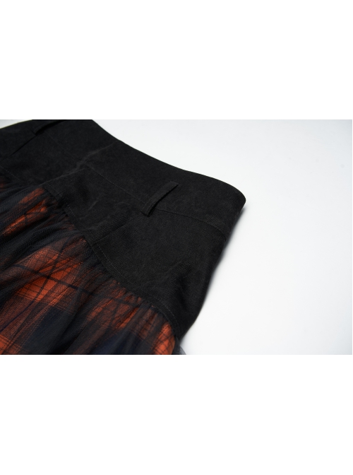 Punk Lace Mesh Stitching Plaid Metal Buckle Decoration High Waist Black And Red Short Skirt