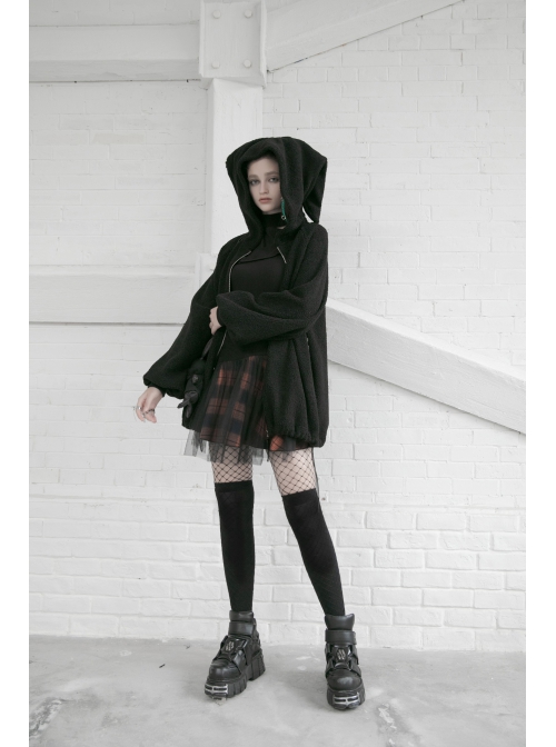 Punk Lace Mesh Stitching Plaid Metal Buckle Decoration High Waist Black And Red Short Skirt