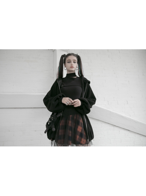 Punk Lace Mesh Stitching Plaid Metal Buckle Decoration High Waist Black And Red Short Skirt