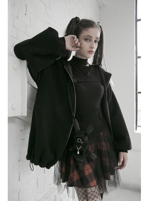 Punk Lace Mesh Stitching Plaid Metal Buckle Decoration High Waist Black And Red Short Skirt