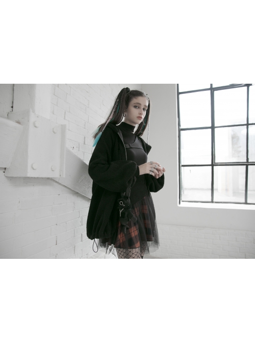 Punk Lace Mesh Stitching Plaid Metal Buckle Decoration High Waist Black And Red Short Skirt