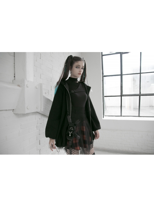 Punk Lace Mesh Stitching Plaid Metal Buckle Decoration High Waist Black And Red Short Skirt