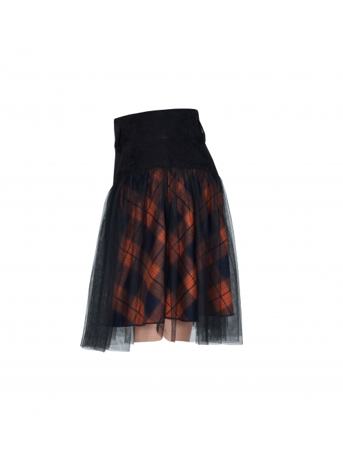 Punk Lace Mesh Stitching Plaid Metal Buckle Decoration High Waist Black And Red Short Skirt