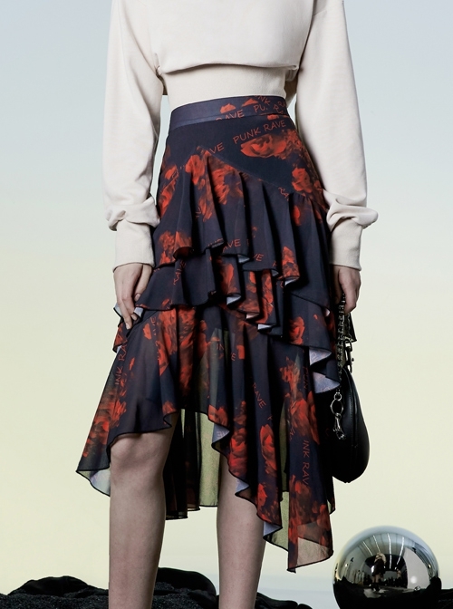 Punk Layered Irregular Skirt Pattern Printing Decoration High Waist Chiffon Print Skirt