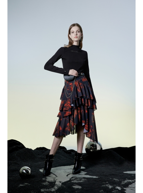 Punk Layered Irregular Skirt Pattern Printing Decoration High Waist Chiffon Print Skirt