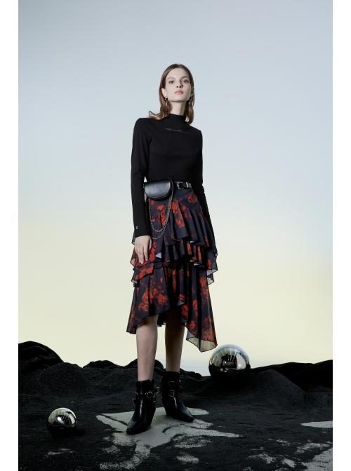 Punk Layered Irregular Skirt Pattern Printing Decoration High Waist Chiffon Print Skirt