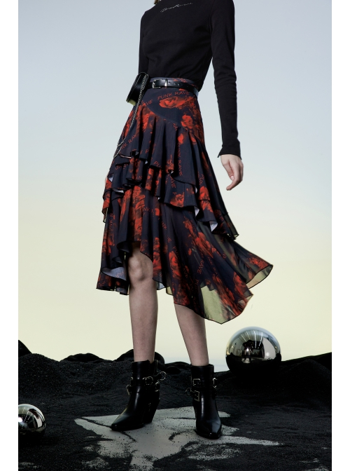 Punk Layered Irregular Skirt Pattern Printing Decoration High Waist Chiffon Print Skirt