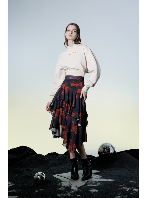 Punk Layered Irregular Skirt Pattern Printing Decoration High Waist Chiffon Print Skirt