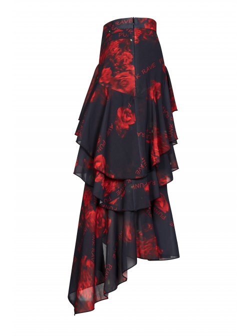 Punk Layered Irregular Skirt Pattern Printing Decoration High Waist Chiffon Print Skirt