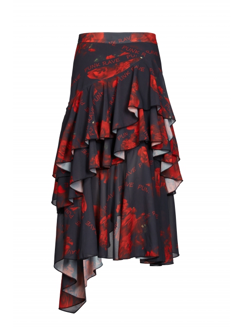 Punk Layered Irregular Skirt Pattern Printing Decoration High Waist Chiffon Print Skirt