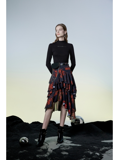 Punk Layered Irregular Skirt Pattern Printing Decoration High Waist Chiffon Print Skirt