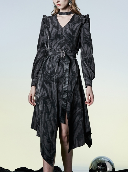 Punk Metal Buckle Belt Pleated Lace Design Printed Chiffon V Neckline Loose Dress