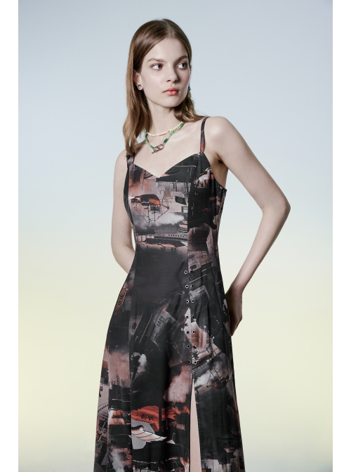 Lightweight Waste Soil Series  X-Shaped Metal Buckle Decoration Sleeveless Shoulder Strap Sexy Printed Long Slip Dress