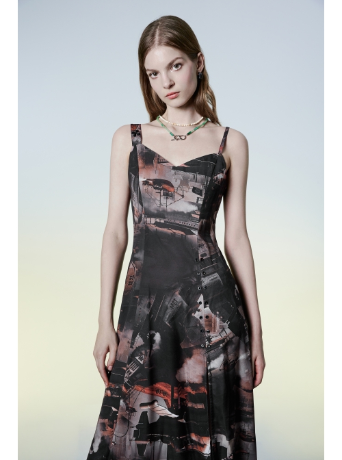 Lightweight Waste Soil Series  X-Shaped Metal Buckle Decoration Sleeveless Shoulder Strap Sexy Printed Long Slip Dress