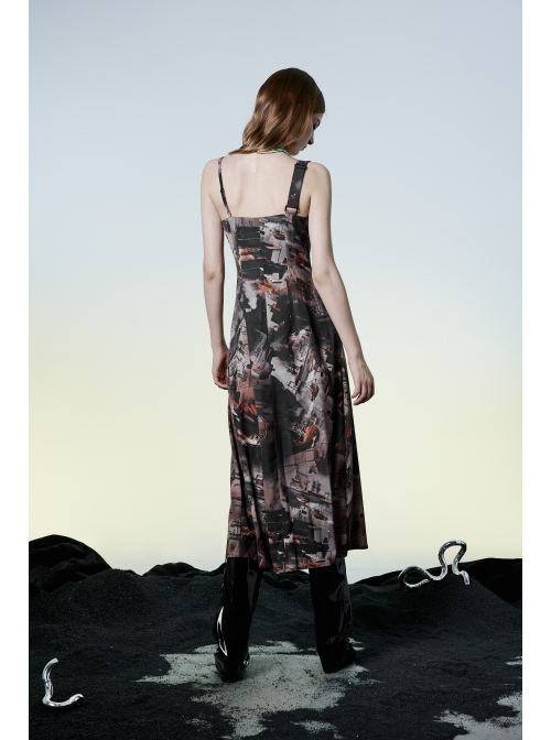Lightweight Waste Soil Series  X-Shaped Metal Buckle Decoration Sleeveless Shoulder Strap Sexy Printed Long Slip Dress