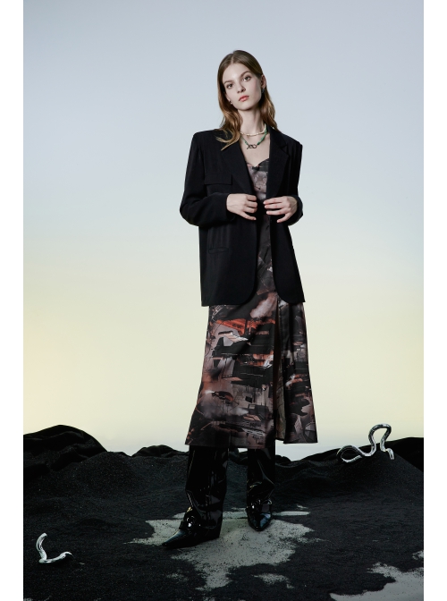 Lightweight Waste Soil Series  X-Shaped Metal Buckle Decoration Sleeveless Shoulder Strap Sexy Printed Long Slip Dress